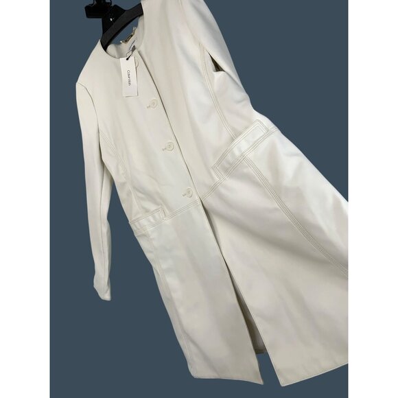 Calvin Klein Womens Alabaster Faux Leather Coat M Button Long Sleeve Lined $160 - Picture 1 of 8
